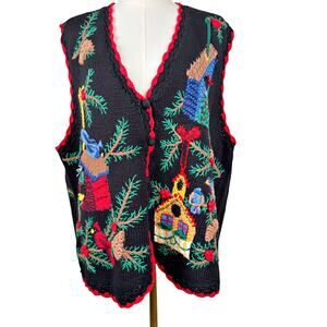 Bechamel Women's 2X Embroidered Sweater Vest Christmas Birds Birdhouse
